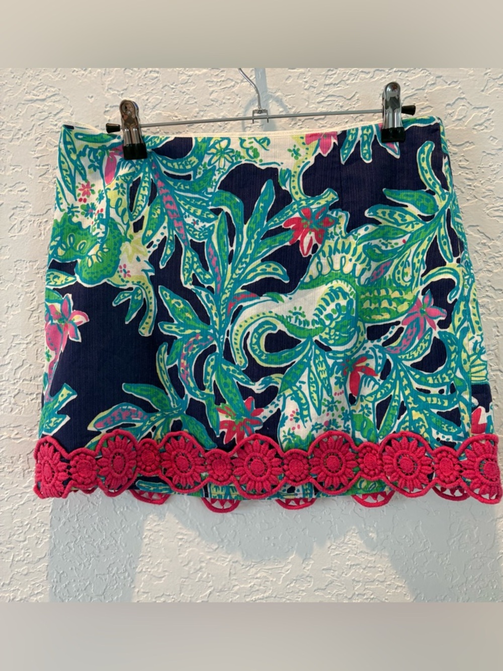 Lilly Pulitzer Navy Multi Floral Mini Skirt with Pink Crochet Trim